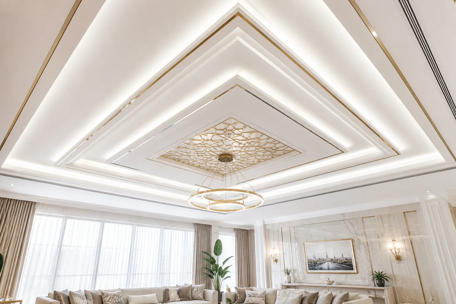 Architectural multi-tiered living room false ceiling with continuous warm LED cove lighting and floating gypsum profile