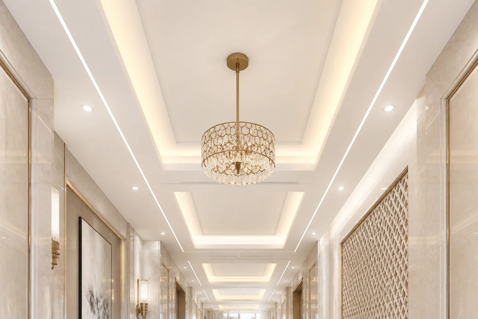 Gallery hallway ceiling design featuring linear recessed LED light channels, warm timber acoustic baffles, and directional downlights