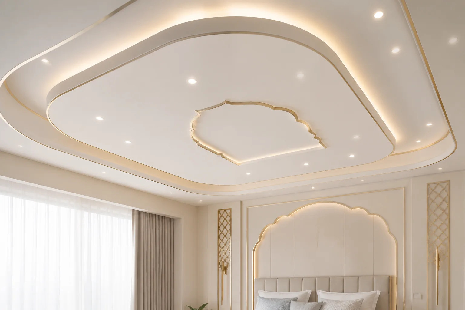 Minimalist master bedroom tray false ceiling with soft peripheral ambient glow and integrated micro-recessed spotlights