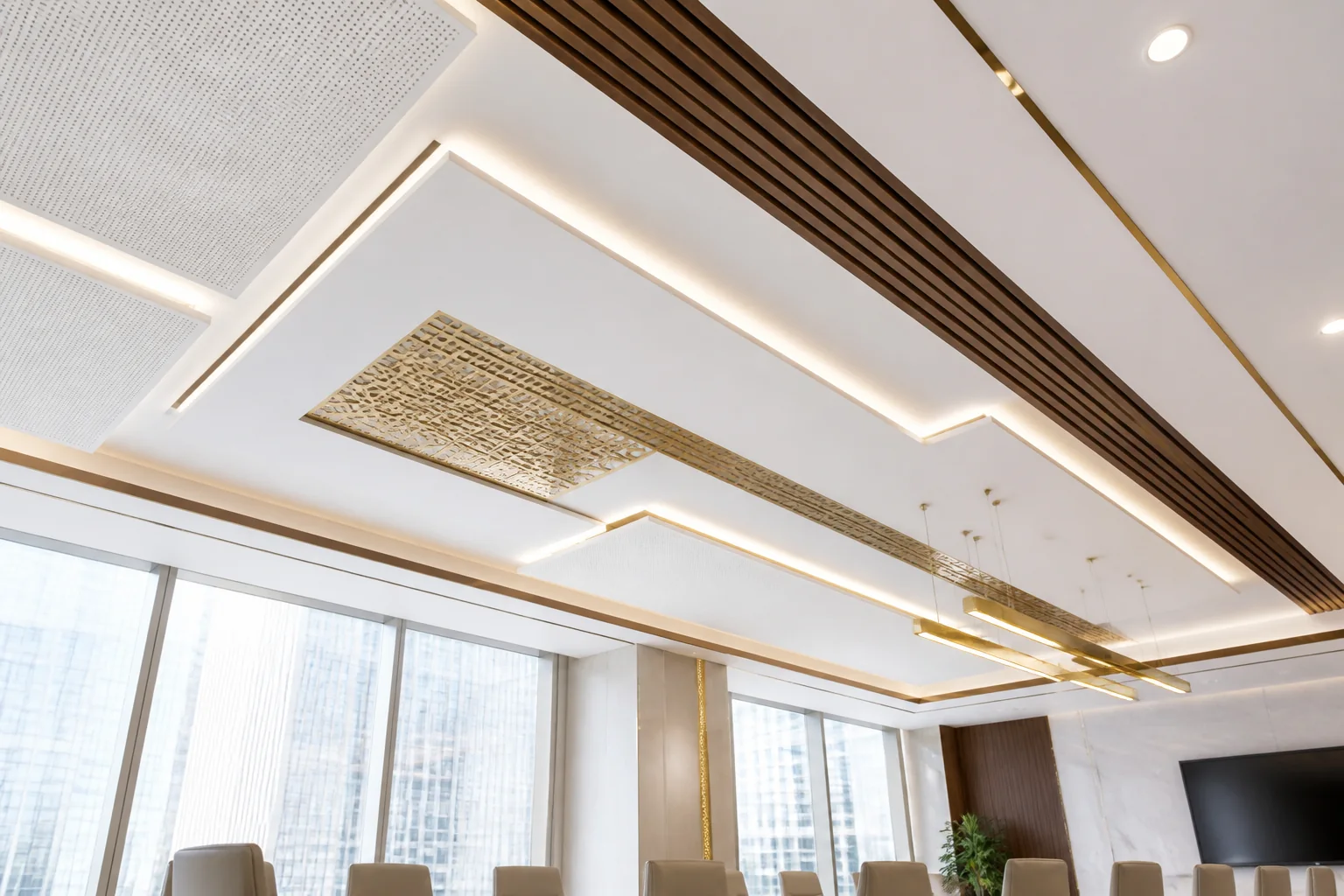Geometric acoustic false ceiling designed for corporate boardrooms with flush magnetic track lights and acoustic suppression panels