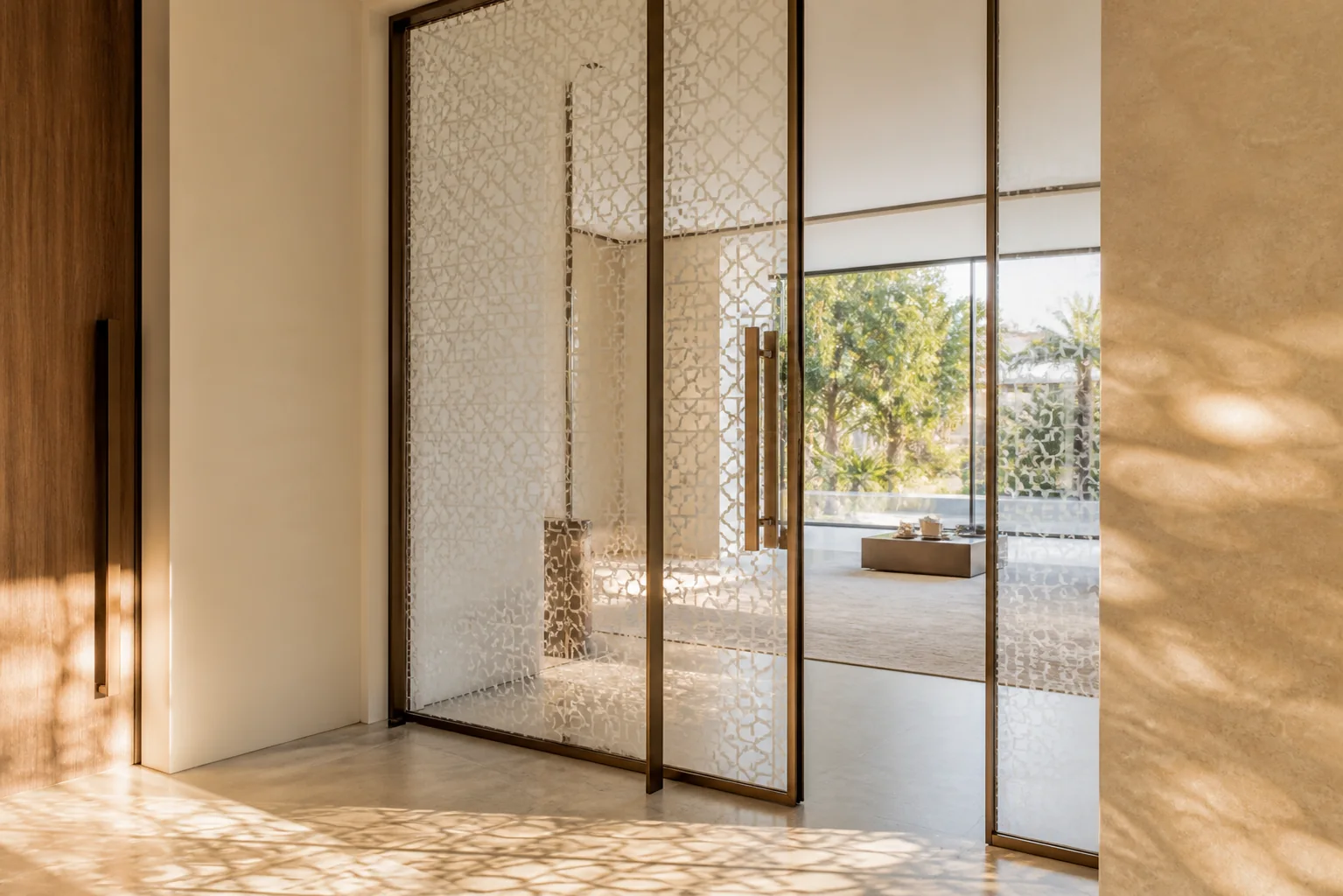 Custom laser-etched glass sliding doors featuring delicate Indo-Italian geometric jali patterns with brushed bronze hardware