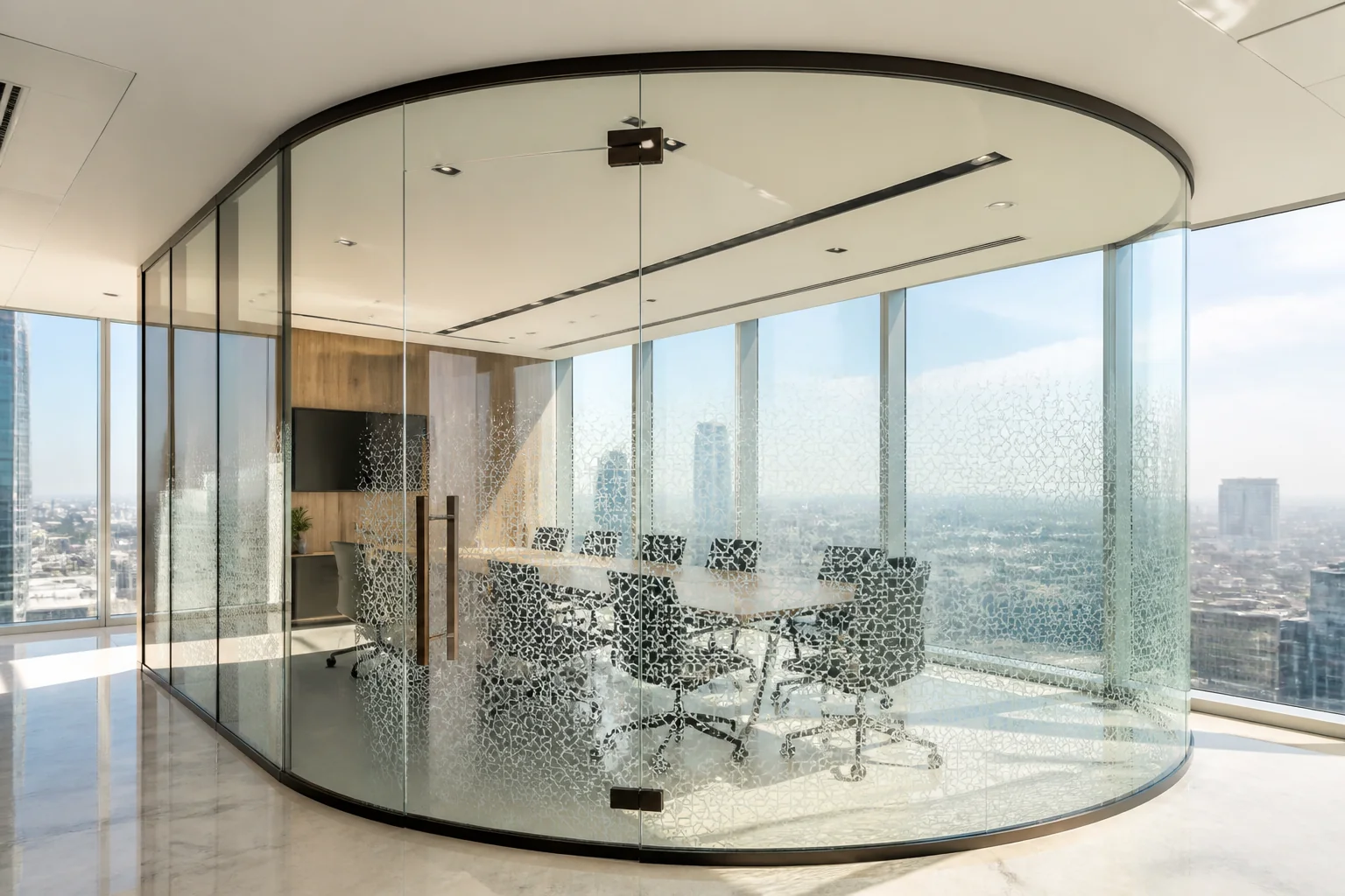 Curved acoustic laminated glass office cabin partitions with matte black minimalist profile framing