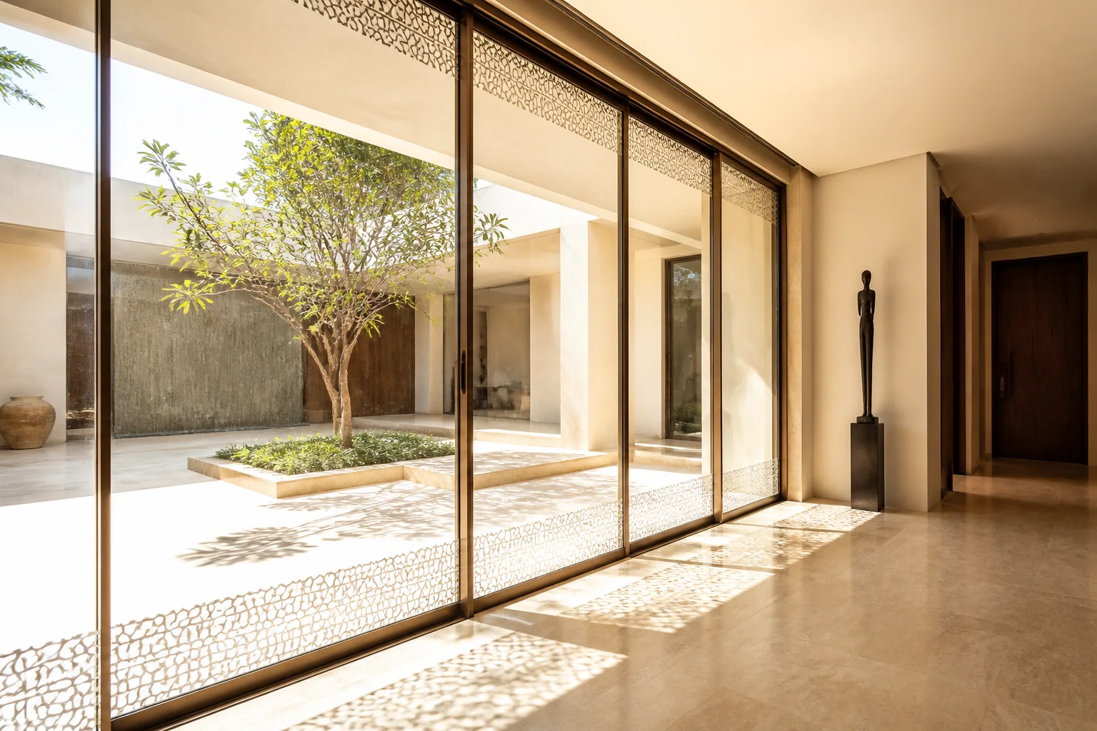Floor-to-ceiling motorized sliding glass facade opening indoor living room seamlessly into landscaped courtyard