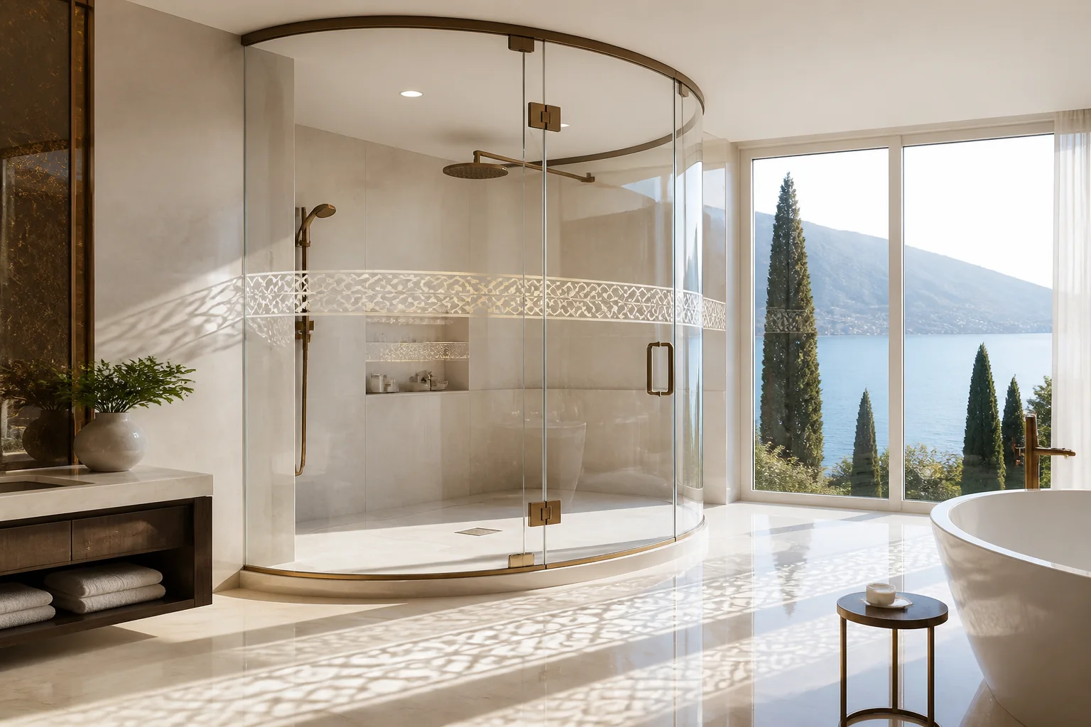 Luxury walk-in spa shower enclosure with bespoke fluted bronze-tinted glass panels and concealed drainage profiles