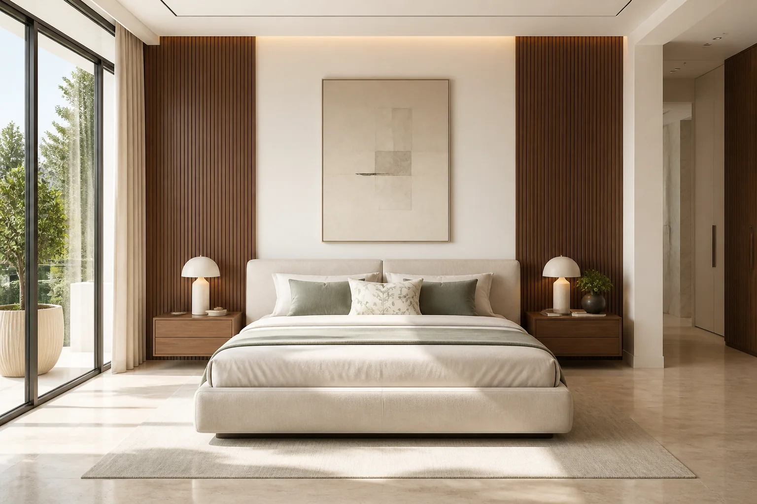 Master bedroom suite with upholstered velvet fluted headboard, ambient cove ceiling glow, warm walnut paneling, and tailored bedside pendant