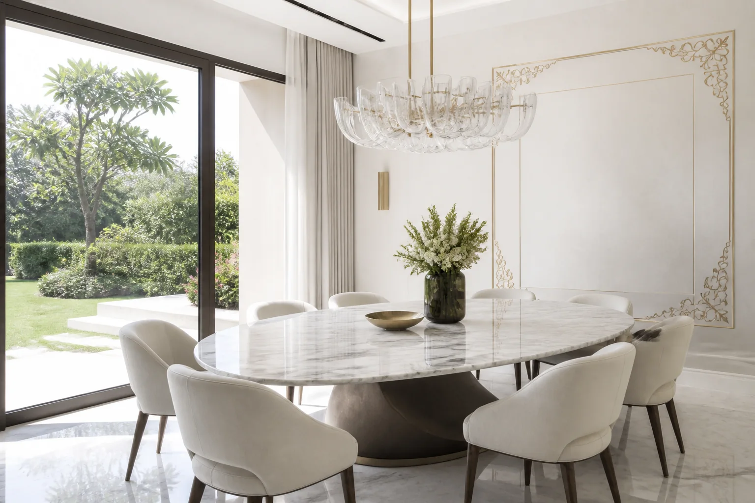 Formal dining room with Calacatta marble dining table, sculptural designer chairs, brass accents, and custom ambient lighting
