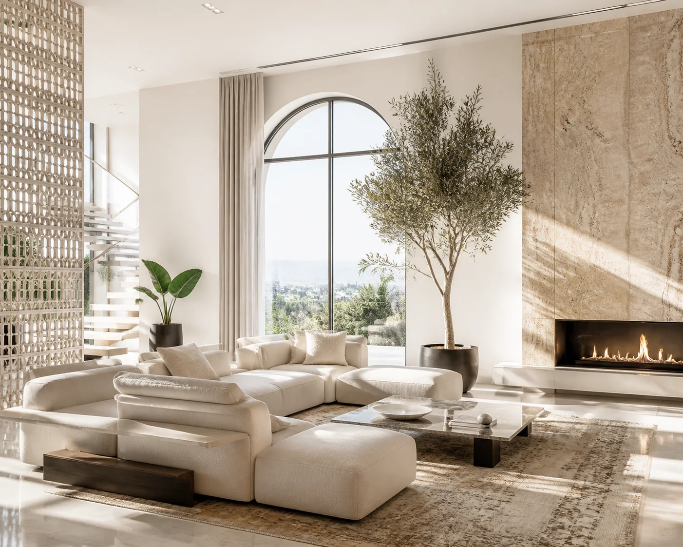 Warm family lounge interior with bespoke fluted millwork, contemporary plush seating, textured area rug, and layered warm lighting