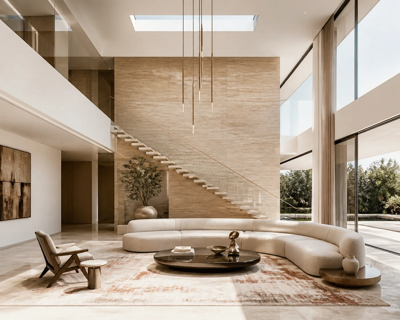Double-height luxury living hall with soaring marble feature wall, floor-to-ceiling drapery, and sculptural multi-tier chandelier