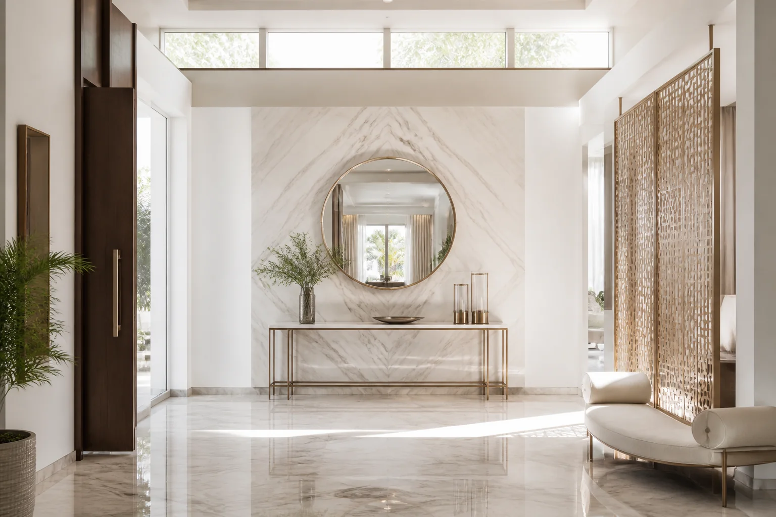 Grand entrance foyer with polished Italian marble floor inlays, bespoke bronze console table, and architectural statement mirror