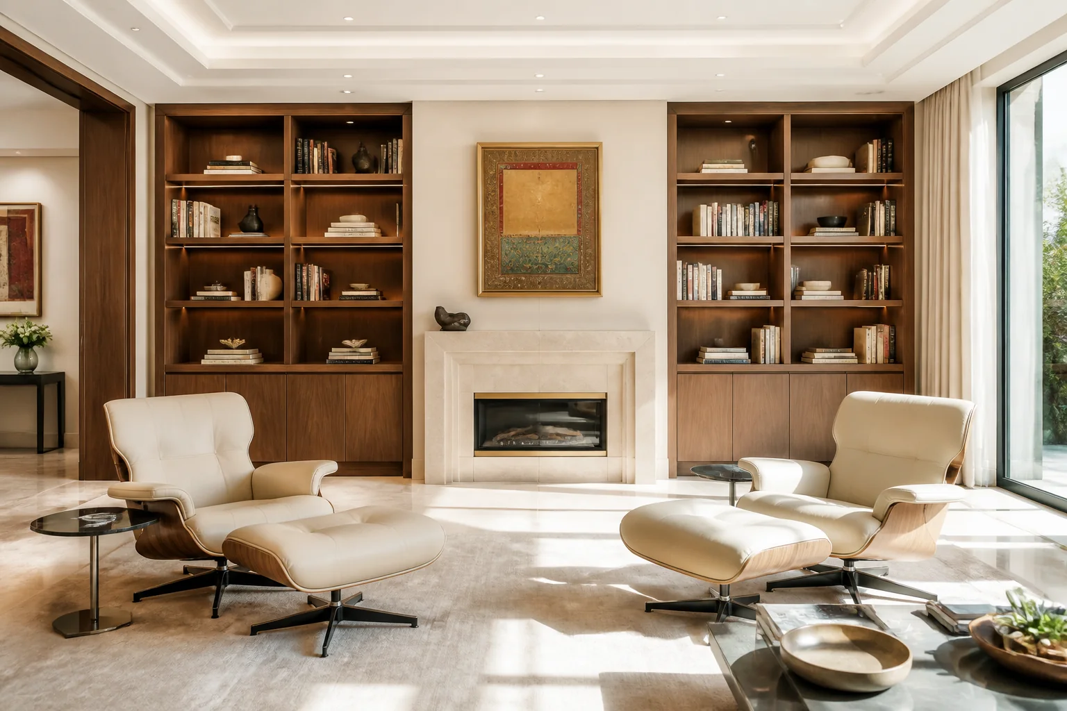 Private home library and study with custom floor-to-ceiling dark walnut bookcases, reading lounge chair, and ambient brass picture lights