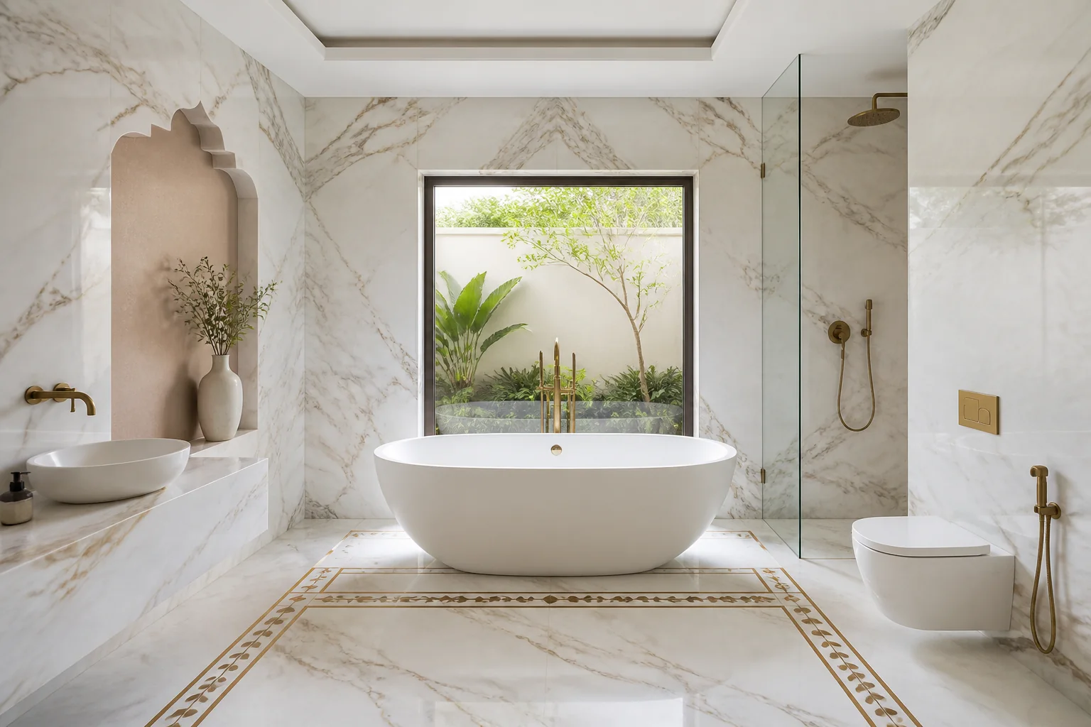 Palatial master bathroom suite with freestanding sculptural soaking tub against full-height Calacatta marble wall