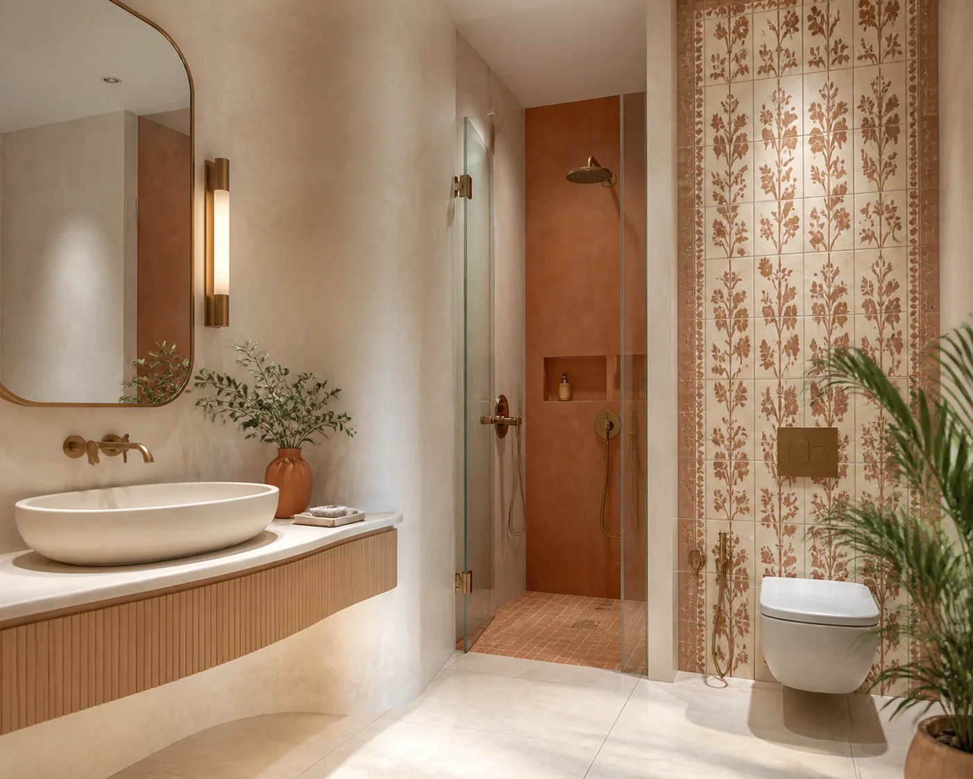 Warm terracotta and travertine guest powder room with bespoke pedestal stone basin and brass wall-mounted tapware