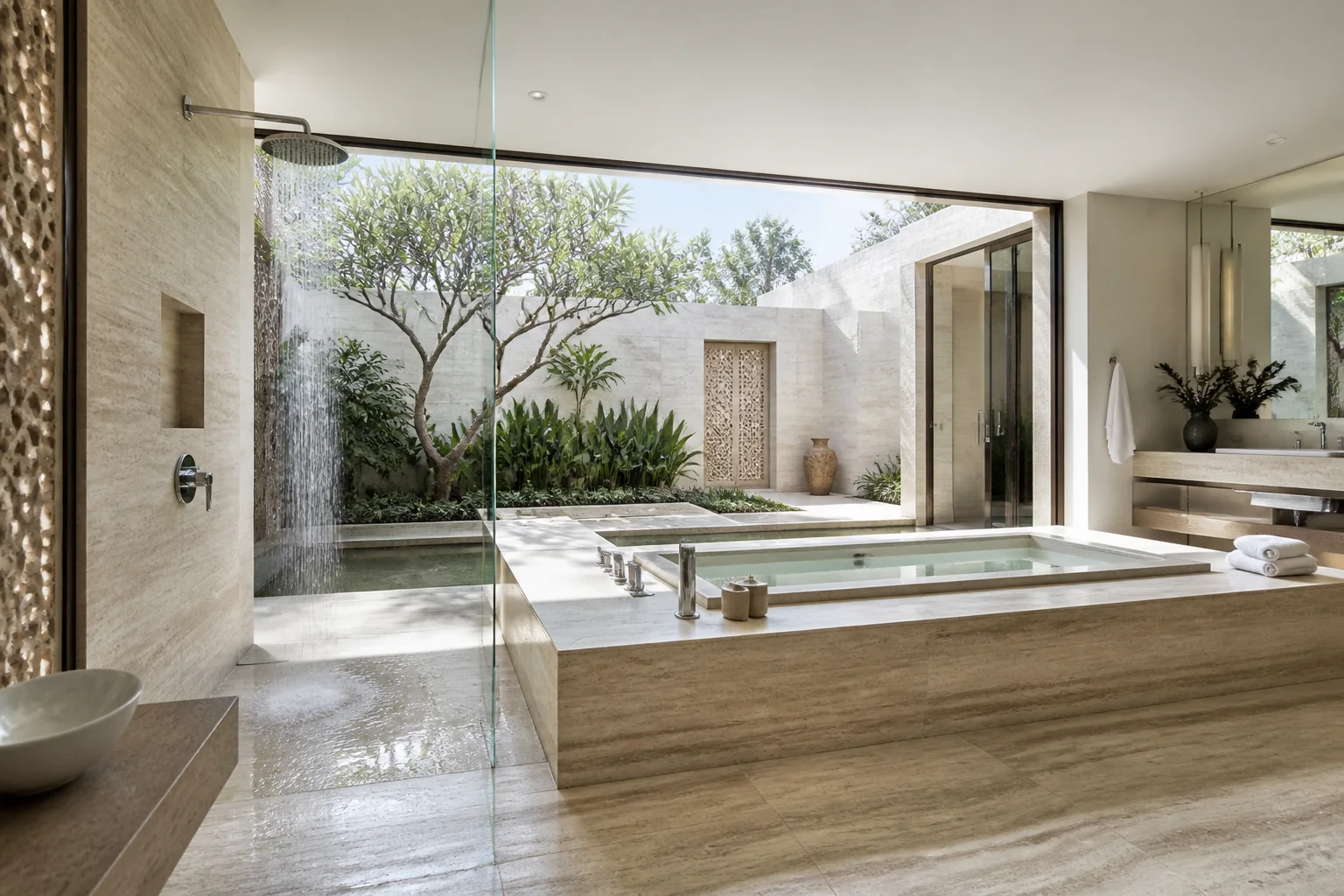 Resort-inspired indoor-outdoor courtyard bathroom featuring natural stone tub, tropical garden view, and timber slats