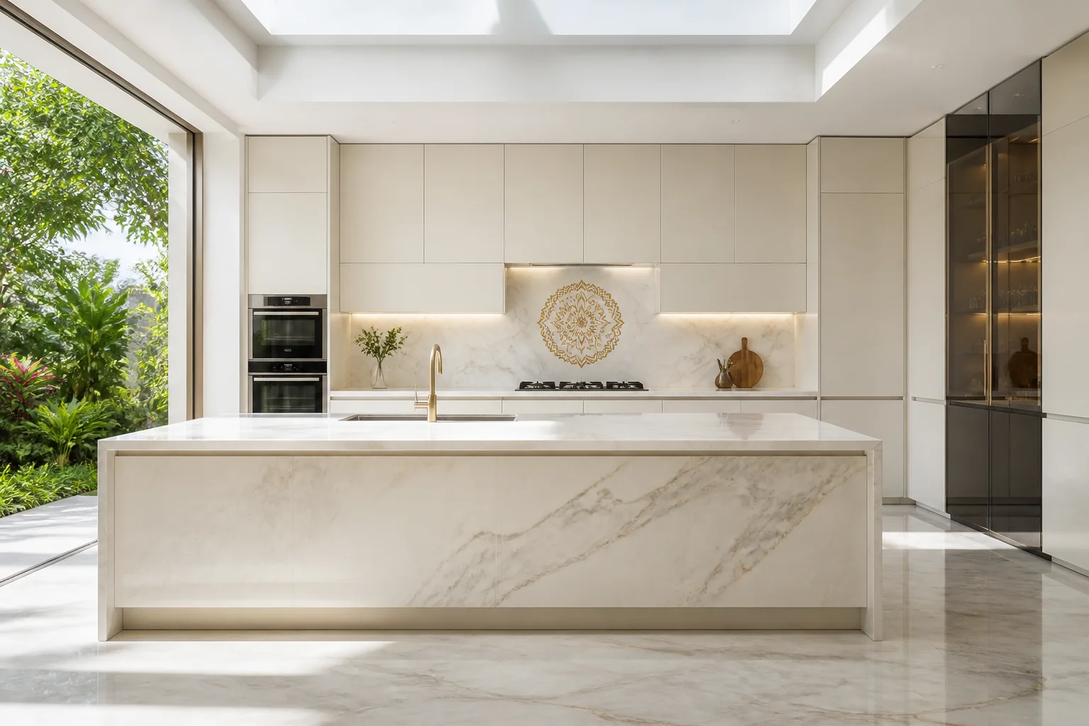 Luxury modular kitchen with ivory cabinetry, Calacatta gold marble island with waterfall edges, recessed brass handles, and integrated appliances
