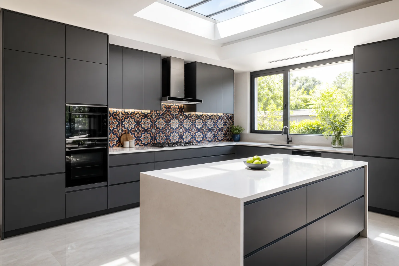 Modern matte charcoal modular kitchen with artisanal textured tile backsplash, fluted glass upper cabinets, and warm under-counter lighting