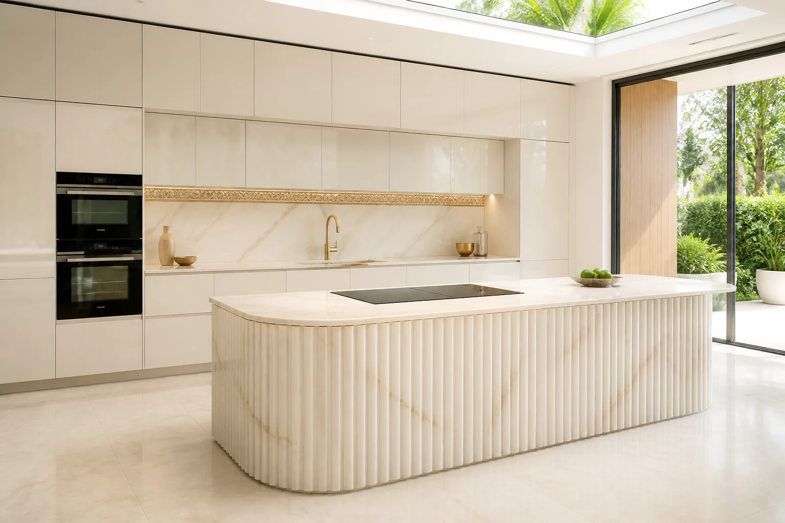 Warm white modular kitchen with fluted curved island, brushed champagne brass hardware, and seamless concealed storage