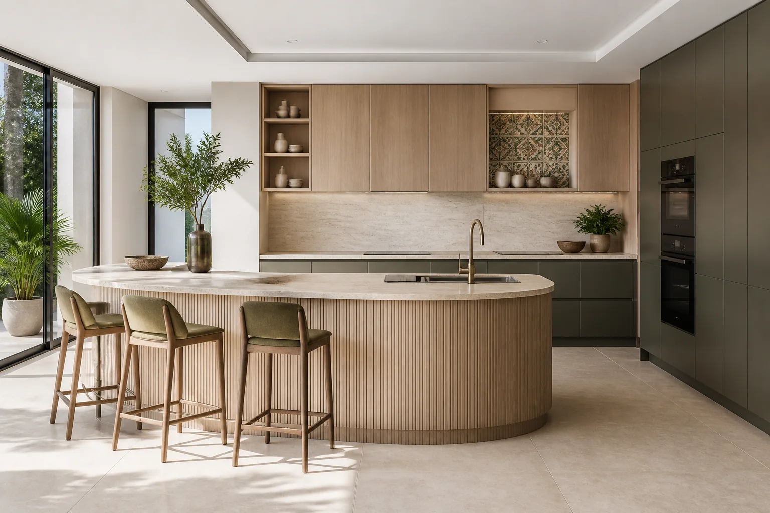 Open-concept oak and olive green breakfast bar kitchen with ribbed glass display units and under-cabinet illumination