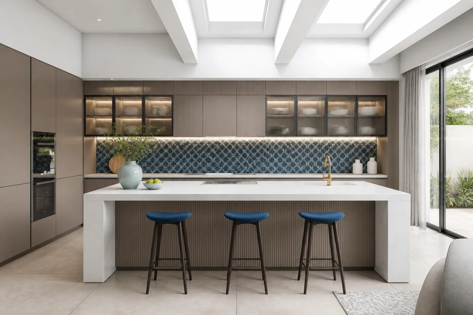 Warm taupe designer kitchen featuring ribbed fluted glass overhead cabinets, brushed gold tapware, and quartz backsplashes