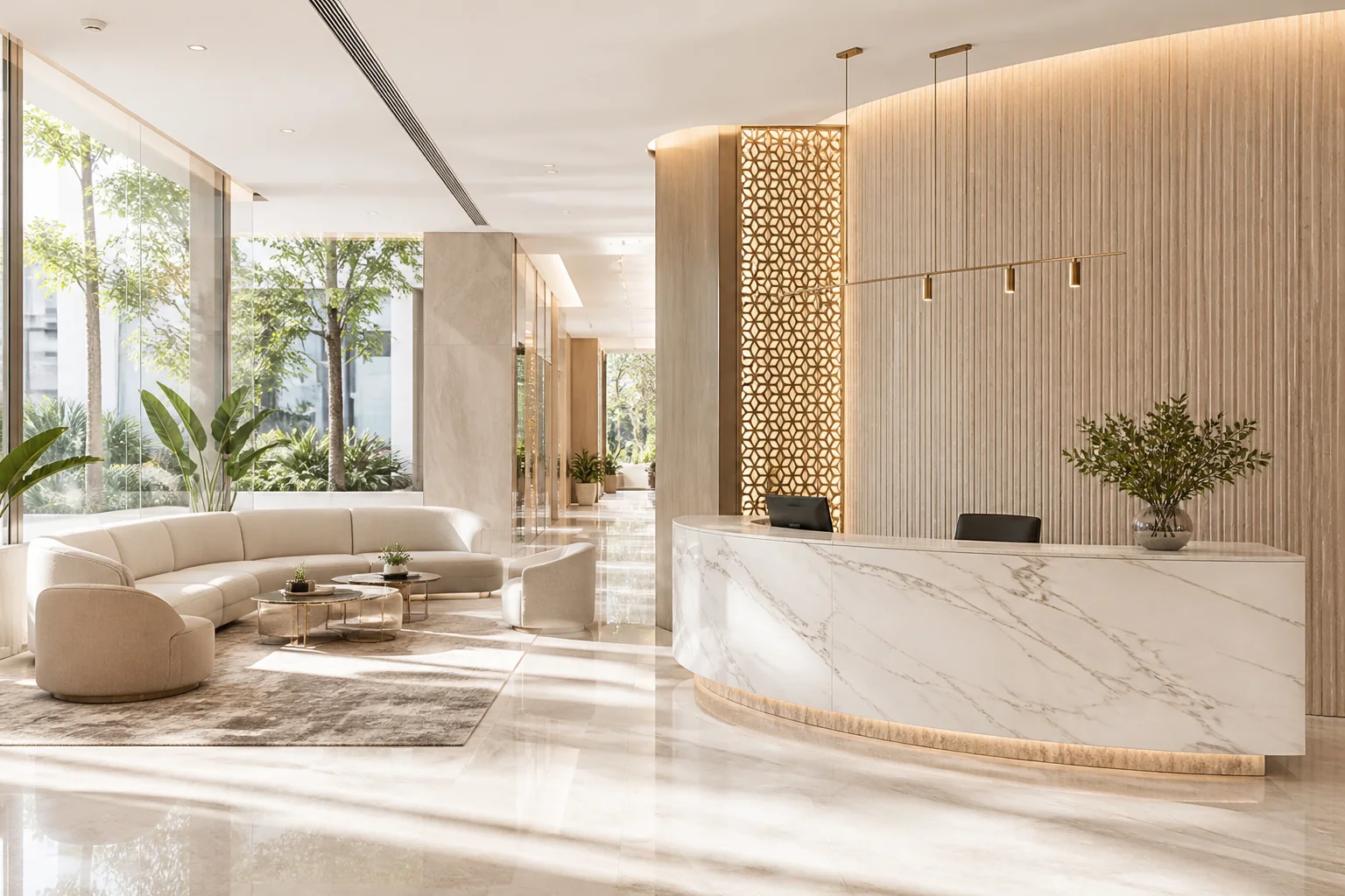 Corporate reception and executive lounge featuring backlit translucent marble desk, sculptural waiting sofas, and acoustic wall panels