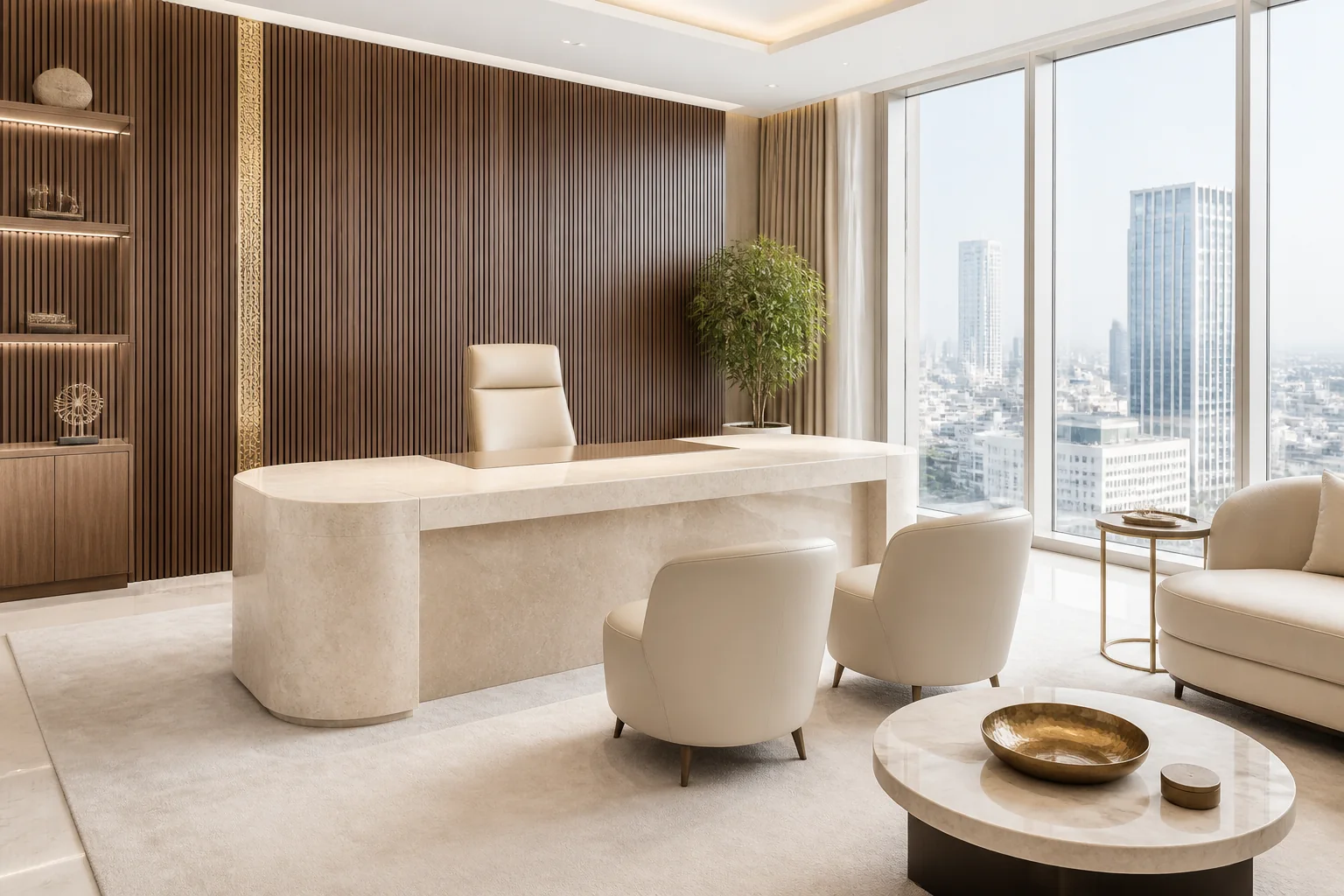 Executive CEO lounge featuring Italian leather club armchairs, fluted wood backdrop, discreet bar console, and bronze architectural lighting