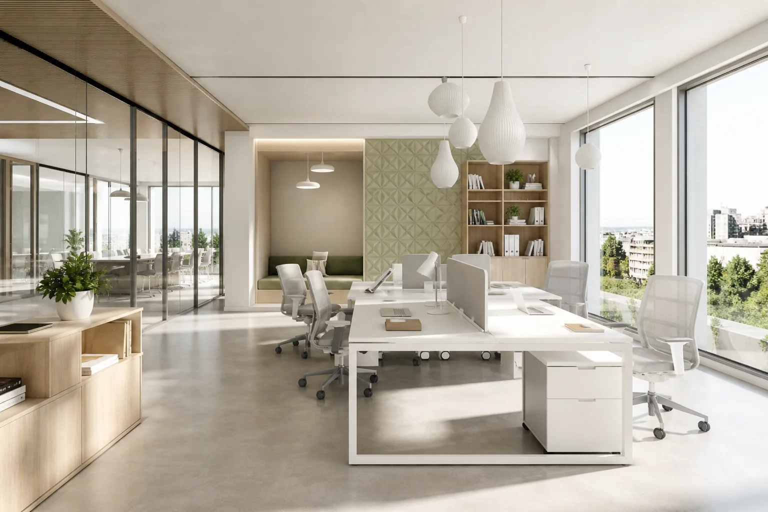 Collaborative design studio with central timber brainstorming island, magnetic glass boards, and industrial minimalist downlights