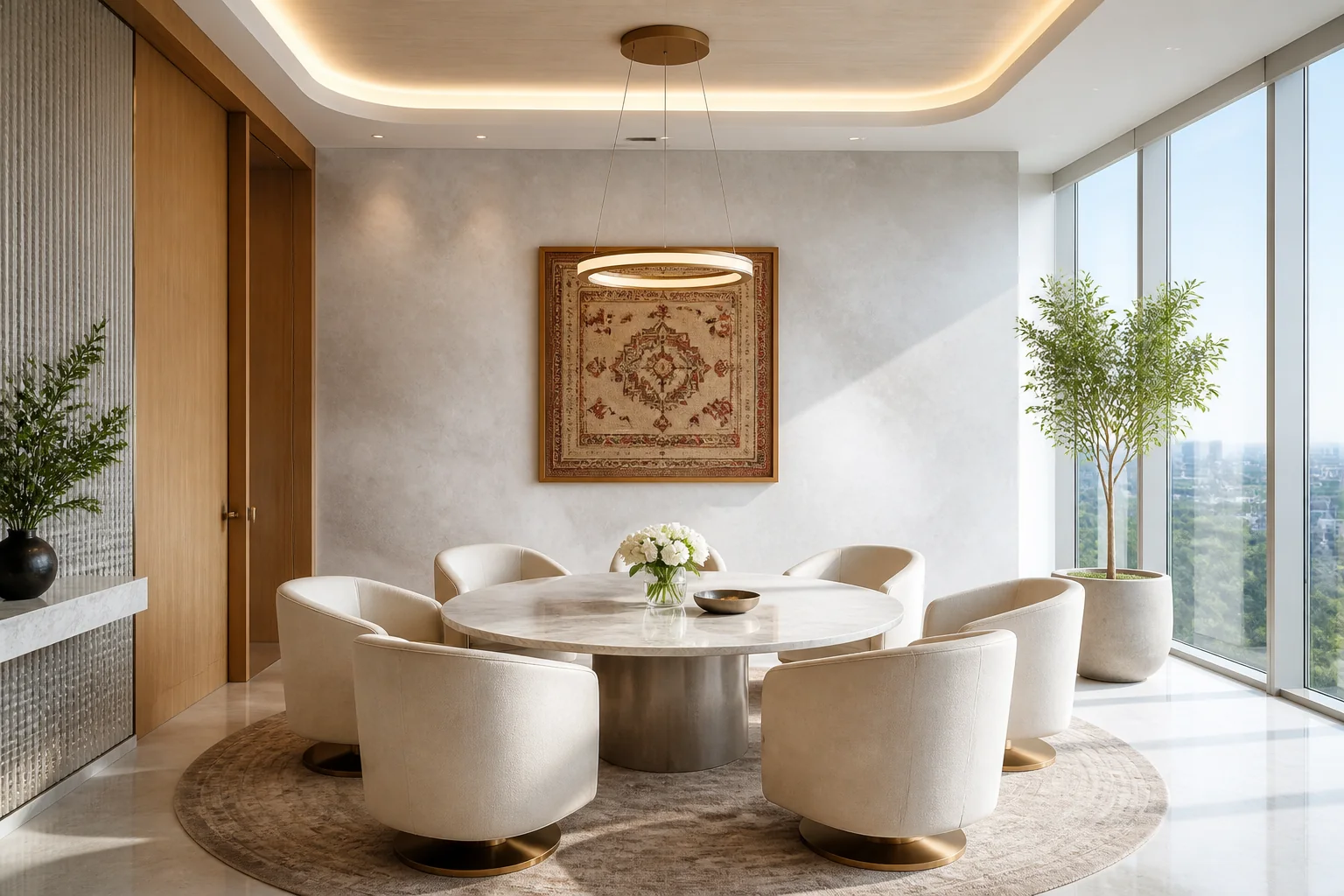 Private meeting lounge with plush acoustic seating, round marble discussion table, and ambient geometric wall scones