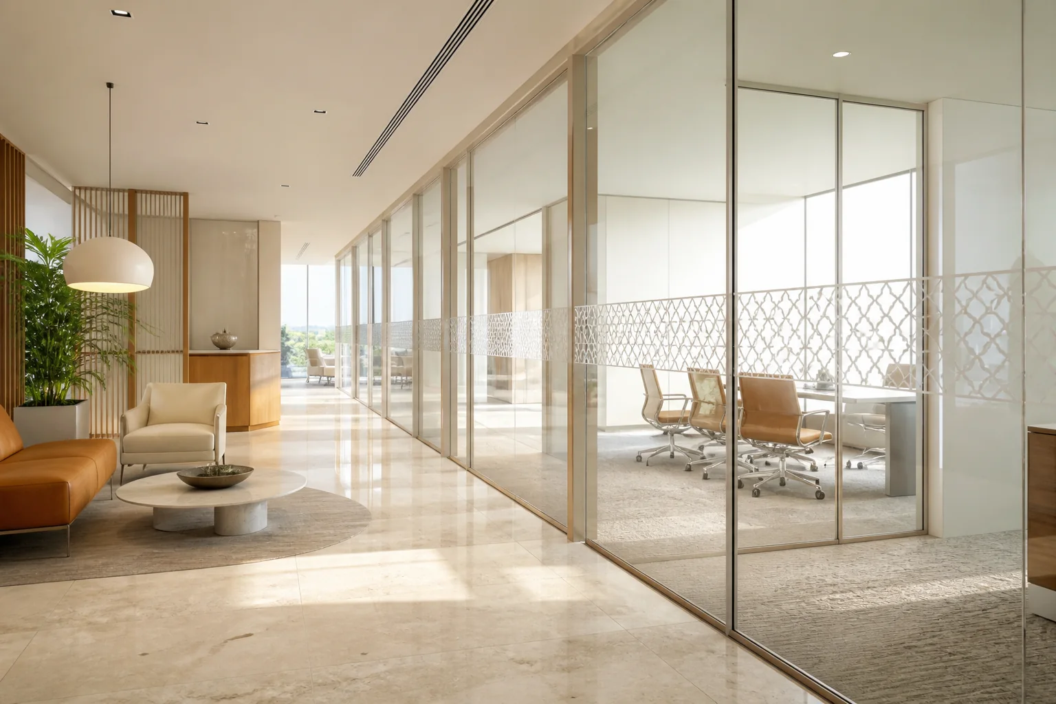 Executive breakout corridor featuring warm acoustic timber baffles, integrated linear light channels, and curated artwork niches