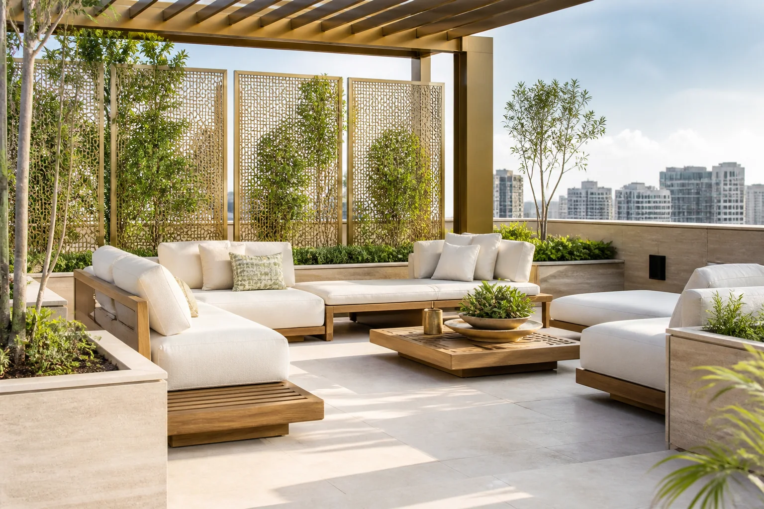 Panoramic rooftop terrace lounge with modular deep-seating outdoor sofa, fire table, and weather-proof cushions