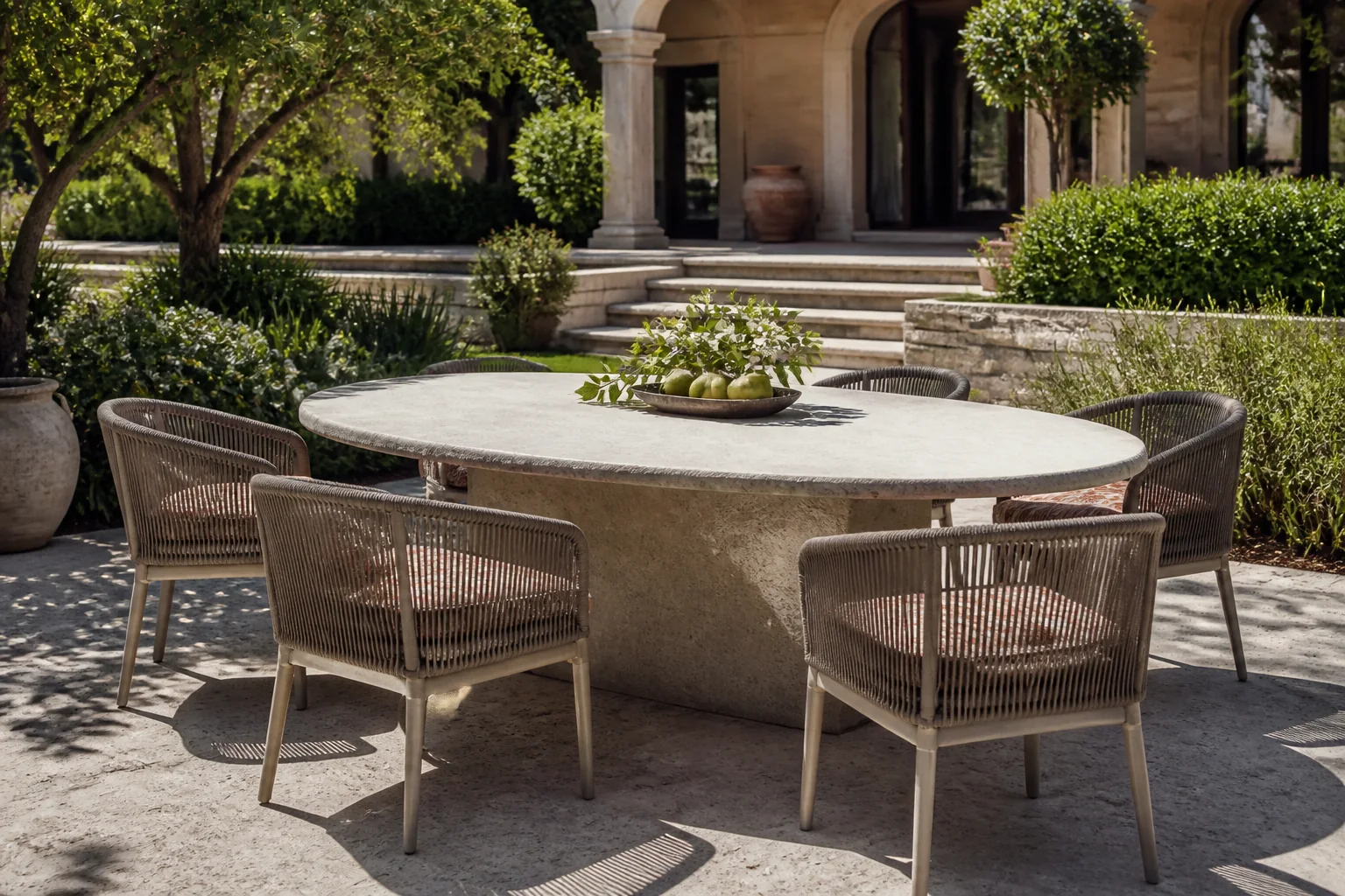 Alfresco garden dining set featuring solid Indonesian teak table, woven rope dining chairs, and overhead pergola