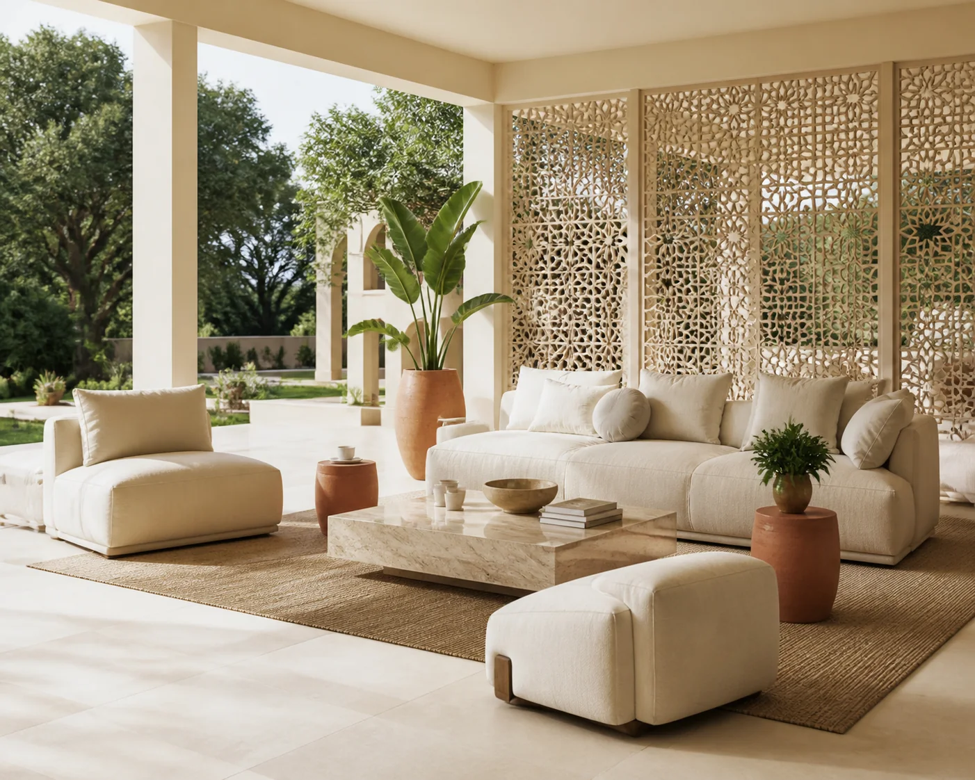 Villa veranda conversation area with organic wicker armchairs, travertine coffee table, and lush garden backdrop
