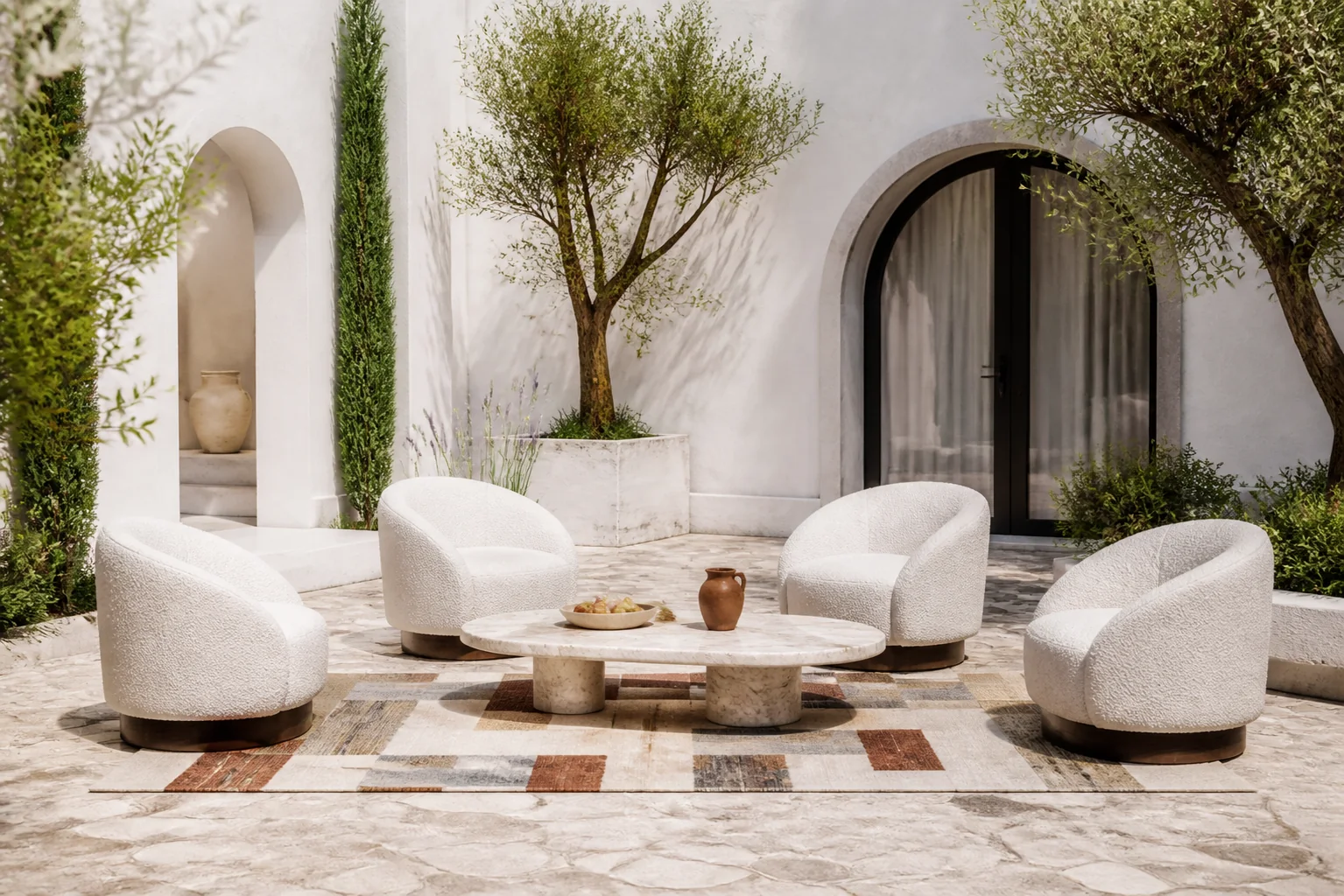 Courtyard seating ensemble featuring curved outdoor banquette, brass-framed lanterns, and weather-treated linen upholstery
