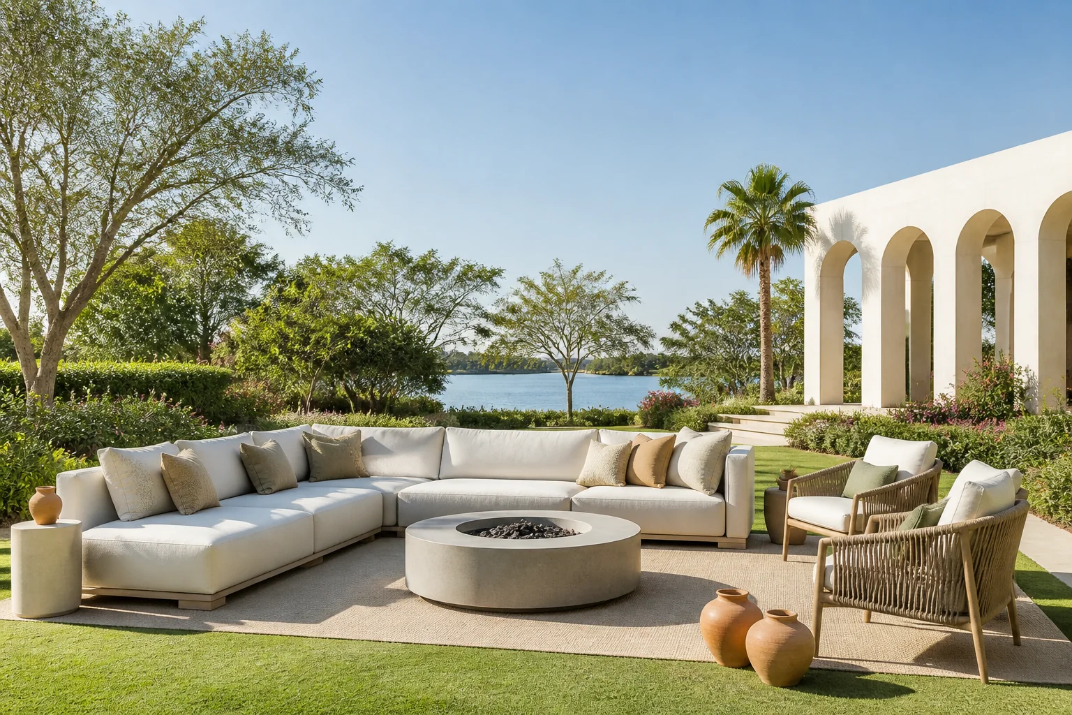 Grand lawn entertaining pavilion with expansive outdoor sectional, bespoke bar counter, and architectural outdoor lighting