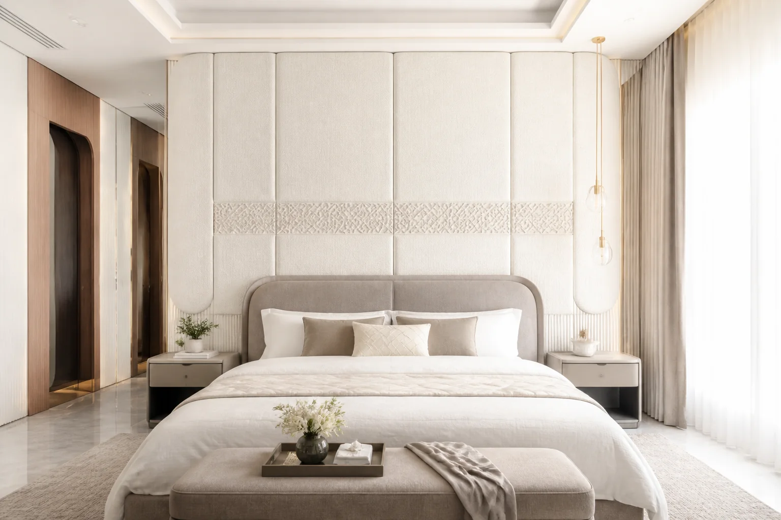 Master bedroom statement accent wall with vertical fluted PVC panels, integrated warm LED cove, and padded headboard