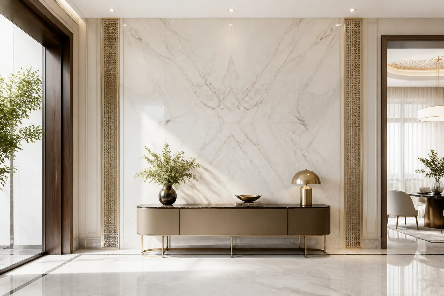Grand building lobby wall cladding in high-gloss Italian marble-finish PVC sheets with subtle metallic gold profiles