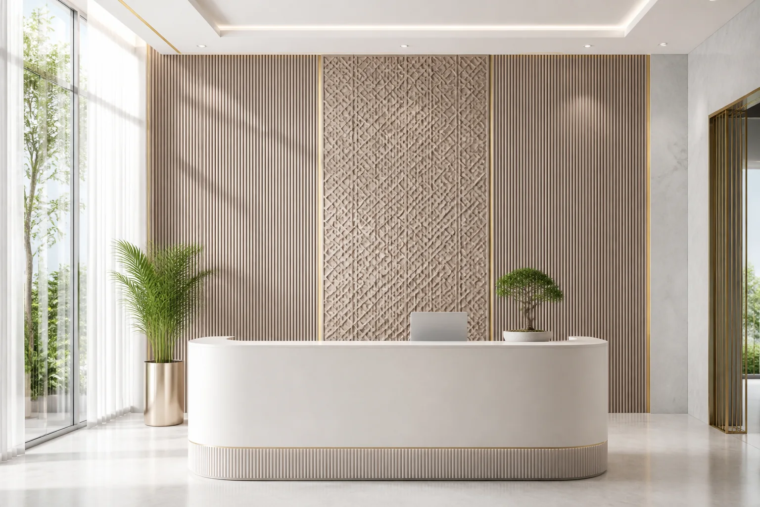 Corporate reception feature wall crafted with matte anthracite and warm woodgrain fluted PVC acoustic slats