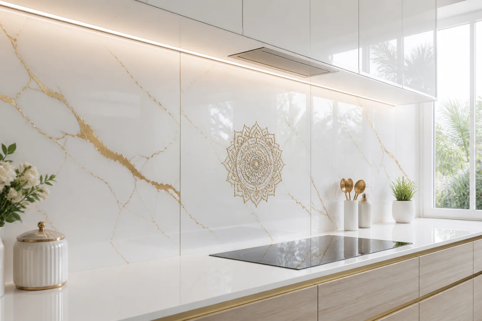 Seamless waterproof PVC panel kitchen backsplash with realistic Calacatta marble veining and heat-resistant finish