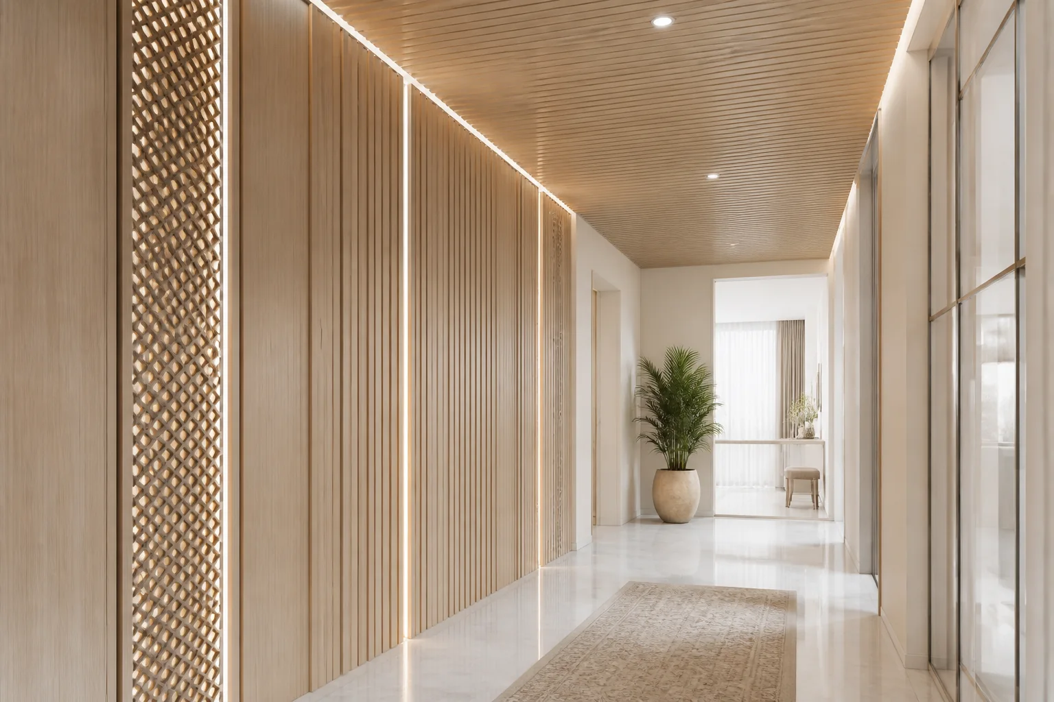 Elevated corridor wall cladded with realistic natural oak slatted PVC panels and recessed linear LED highlights