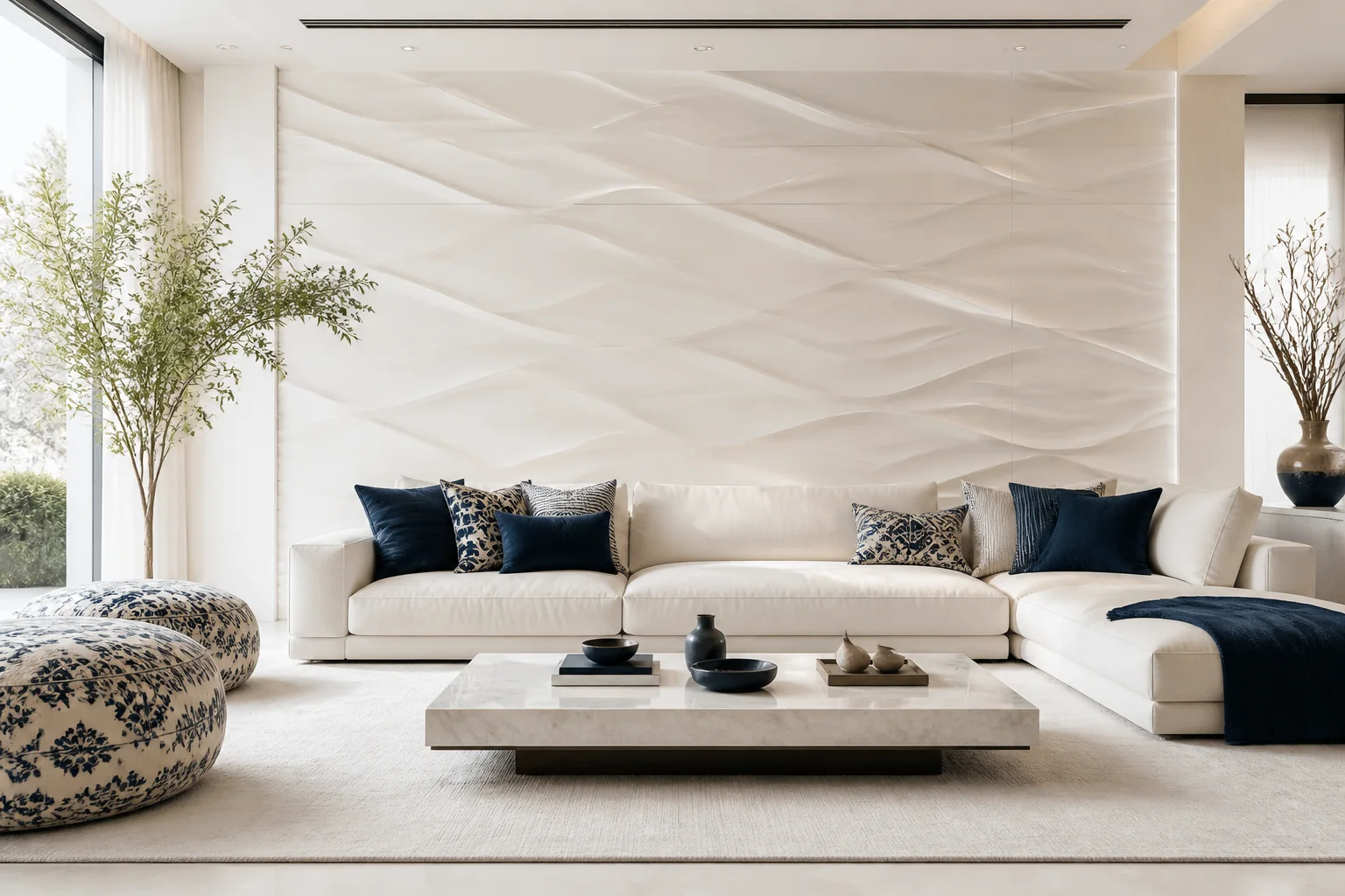 Luxury lounge entertainment wall featuring 3D wave-textured geometric PVC panels and ambient wash lighting